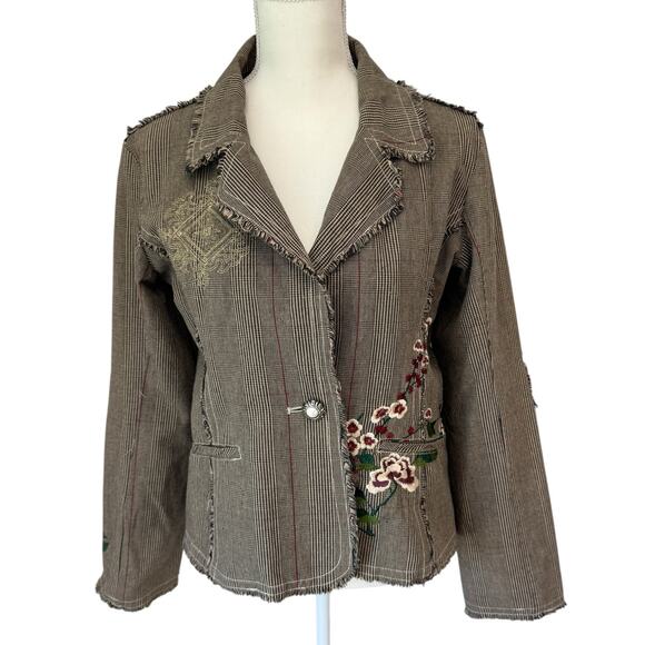 LE LIS BLANC Blazer Womens Large Glen Plaid with Embroidery Maximalism Raw Edge - Picture 1 of 14